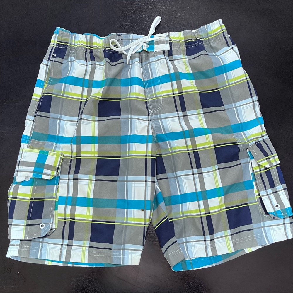 Plaid Men's Swim Trunks - Blue, Green, Gray
